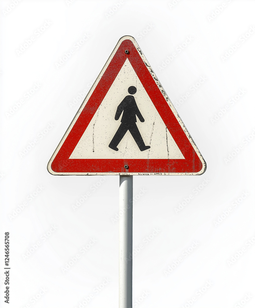 Pedestrian crossing road sign with clear red triangular border and black human icon, signaling pedestrian zones and enhancing traffic safety. Pedestrian crossing road sign with clear red triangular border and black human icon, signaling pedestrian zones and enhancing traffic safety.