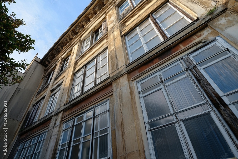 Old building exterior with large windows featuring weathered surfaces in an urban setting during daylight hours Old building exterior with large windows featuring weathered surfaces in an urban setting during daylight hours