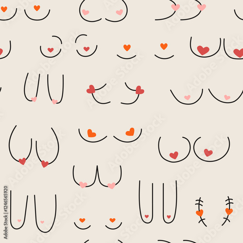 Female breast seamless pattern. Woman breasts shapes, feminine chest body elements, girl anatomy and breast cancer awareness concept. Vector texture