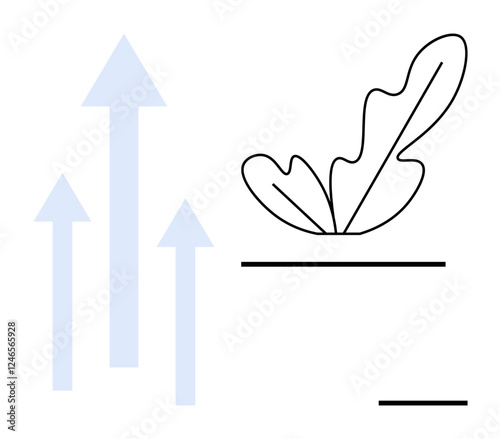 Upward blue arrows next to a leaf outline indicate growth, progress, and nature. Ideal for success, development, sustainability, business growth, environmental themes innovation. Represents