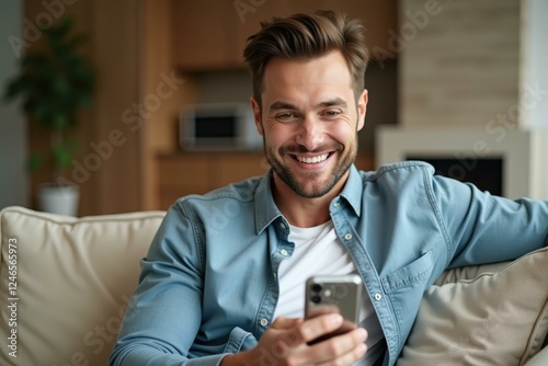 Man is smiling while looking at his cell phone