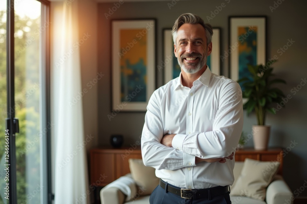 Man is standing in front of window with his arms crossed Man is standing in front of window with his arms crossed