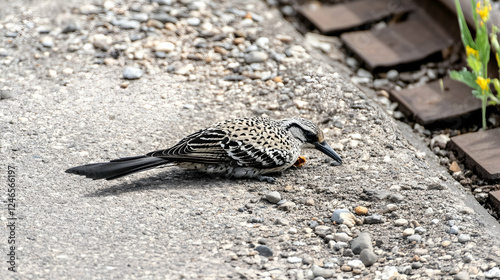 Bird on ground near railroad tracks photo