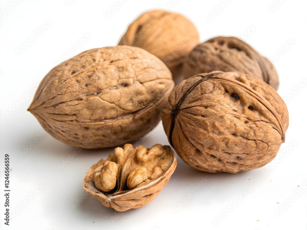 Photo of four walnuts, one whole and three split open, on a white background. The walnuts are a light brown color with a rough, textured surface. Photo of four walnuts, one whole and three split open, on a white background. The walnuts are a light brown color with a rough, textured surface.