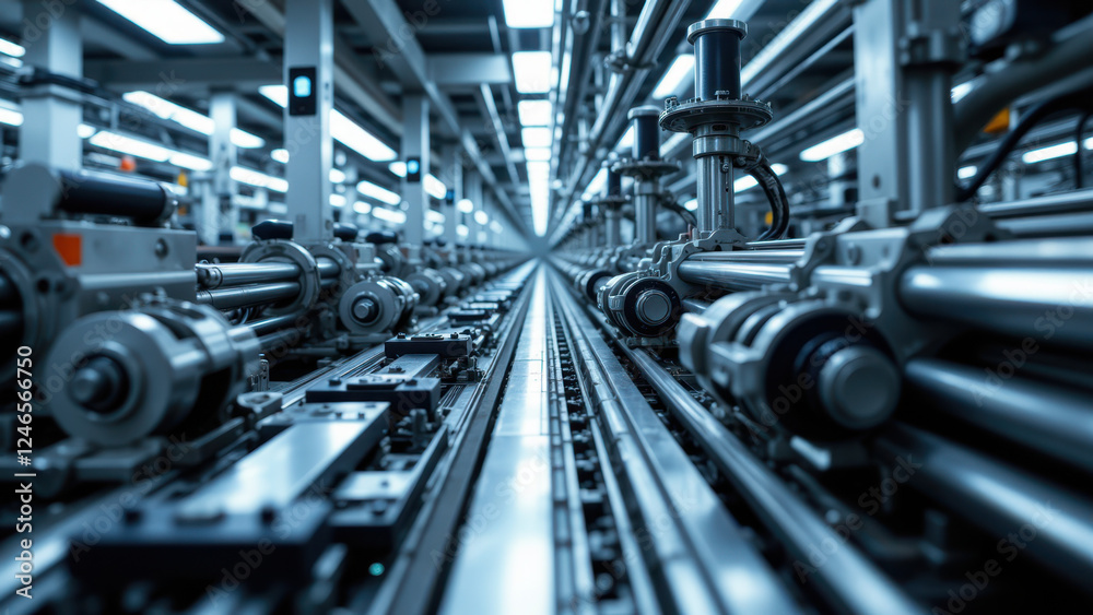 Fototapeta premium Industrial factory assembly line with machinery and conveyor systems.