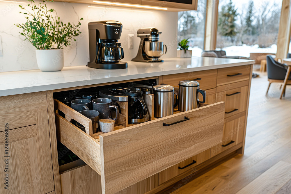 Modern kitchen with organized drawer, coffee maker, and utensils Modern kitchen with organized drawer, coffee maker, and utensils