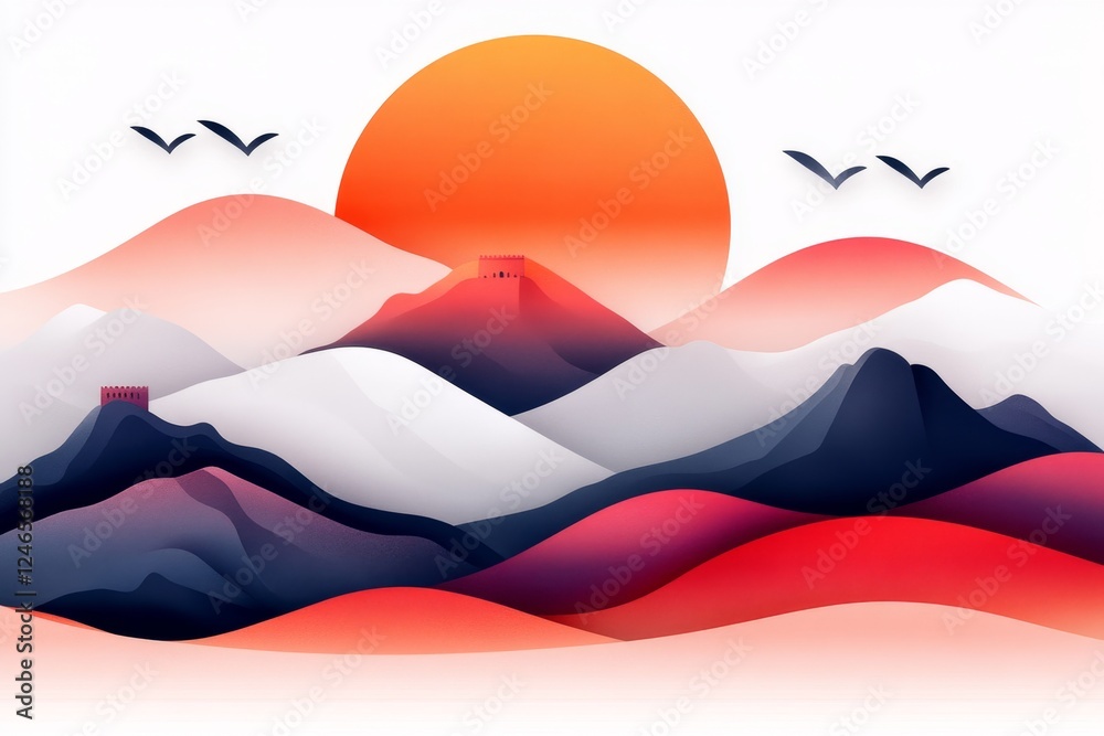 Naklejka premium A stylized representation of the Great Wall against a sunset gradient, reduced to simple lines and subtle shading