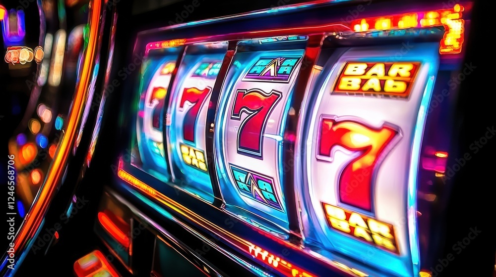 close up of neon lit slot machine with spinning reels showcasing vibrant colors and symbols, creating exciting atmosphere of chance and entertainment close up of neon lit slot machine with spinning reels showcasing vibrant colors and symbols, creating exciting atmosphere of chance and entertainment
