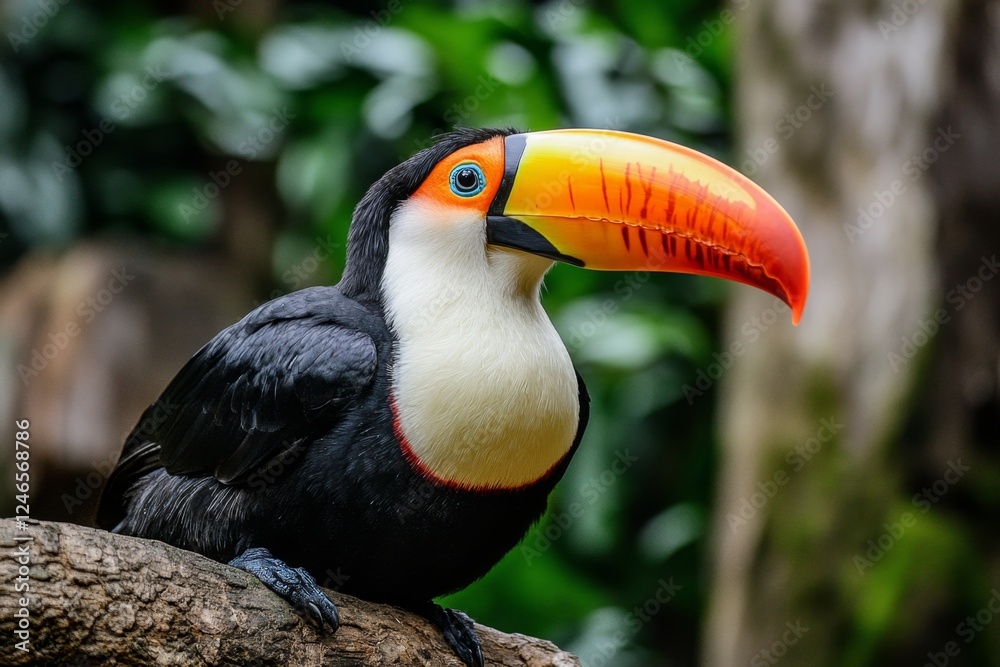 A toucan perched on a tropical tree, its large, multicolored beak vibrant against the lush green foliage