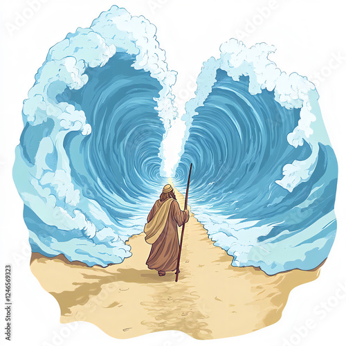 Cartoon illustration of Prophet Moses in the middle of dividing the sea with his stick. The sea is divided into 2 parts on the right and left and towering high. Prophet Moses is seen walking in the mi photo