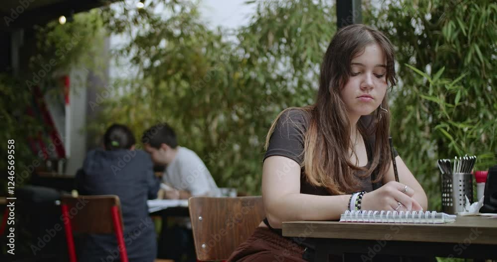 A focused student works in the bustling atmosphere of a cafe, diligently writing and turning a page in her notebook. Students study in the background. A focused student works in the bustling atmosphere of a cafe, diligently writing and turning a page in her notebook. Students study in the background.