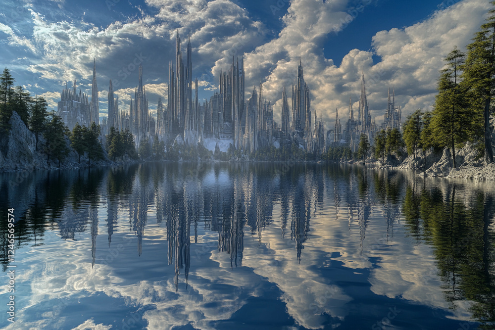 Obraz premium City skyline reflects in calm lake surrounded by trees during sunset with vibrant clouds and soft glow
