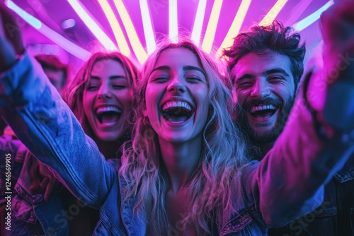 Excited group of friends celebrating with joy under colorful lights. Their laughter and energy create vibrant atmosphere, capturing essence of fun night out