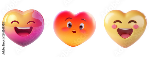 Three colorful heart emojis expressing various emotions, isolated on transparent or white background