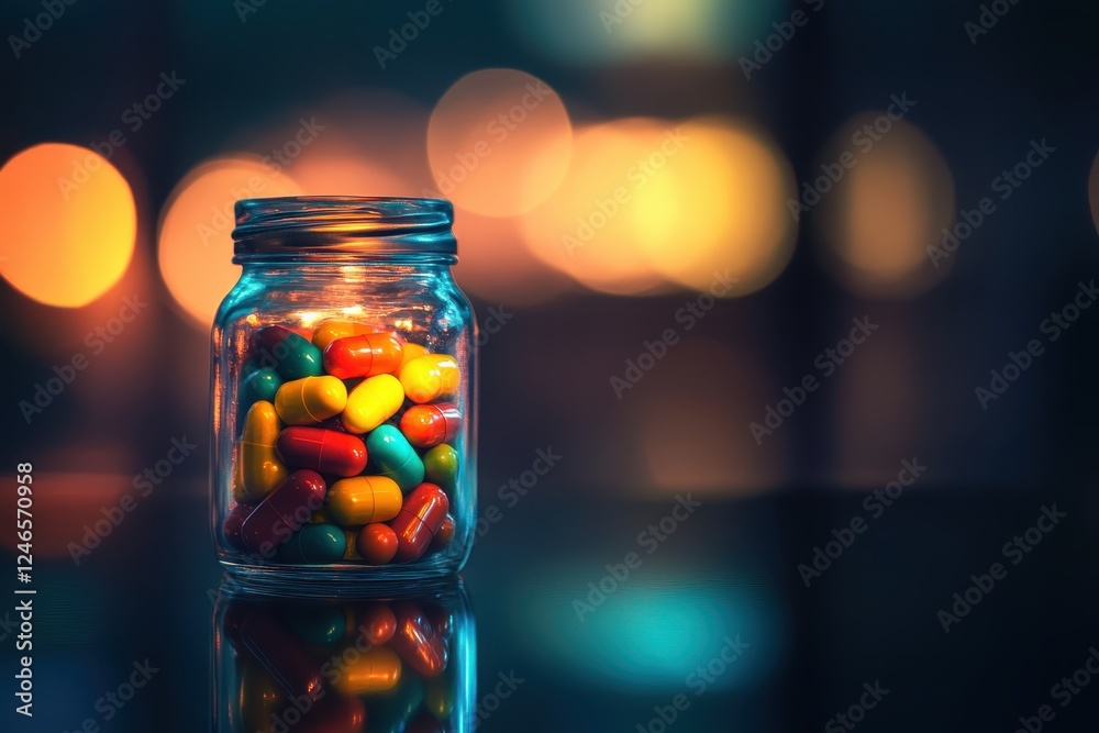 A creative composition of a glass jar with colorful capsules neatly aligned on a reflective surface, illuminated by soft, ambient light. A creative composition of a glass jar with colorful capsules neatly aligned on a reflective surface, illuminated by soft, ambient light.