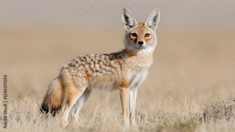 Black-backed jackal standing in savanna grassland Black-backed jackal standing in savanna grassland
