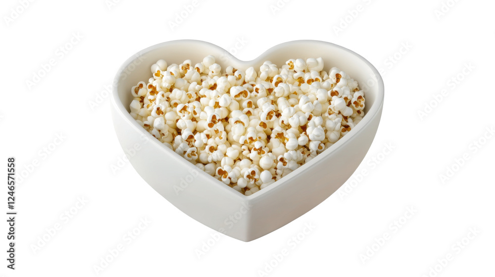 popcorn in a heart shape bowl isolated on white background 