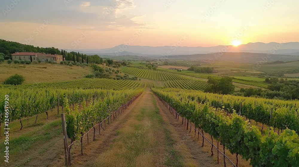 Naklejka premium Scenic Vineyard Landscape at Sunset with Rolling Hills and Sunlit Grapevines in Italy's Countryside