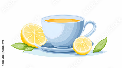 Cartoon illustration of tea cup with lemon slices and leaves.  Possible use stock photo for tea, healthy drinks, or dieting photo