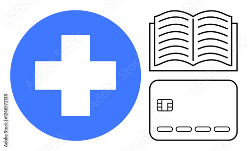 Medical cross in blue circle, open book, and credit card, representing healthcare, education, and financial access. Ideal for healthcare services, education, finance insurance medical billing