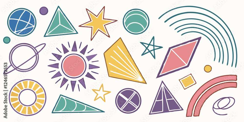 Colorful Hand-Drawn Geometric Shapes Set, Crayon Texture, Vector Illustration Colorful Hand-Drawn Geometric Shapes Set, Crayon Texture, Vector Illustration