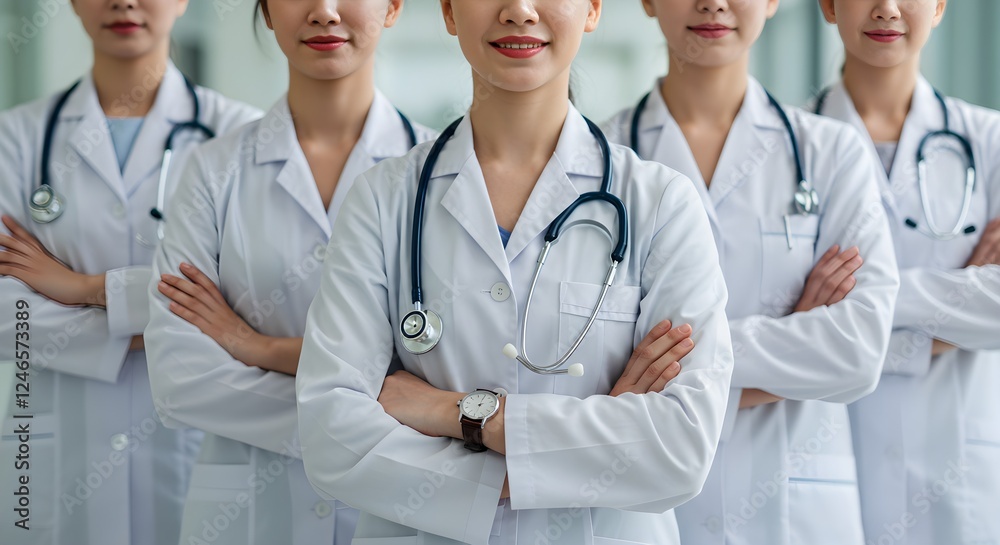 Fototapeta premium a group of professional medical doctors standing confidently with their arms crossed. They are dressed in white lab coats, and most of them have stethoscopes draped around their necks. 