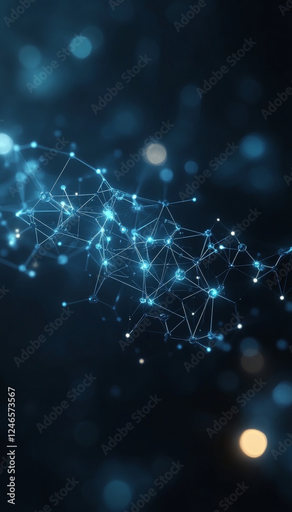 Fototapeta premium Abstract Futuristic Blue Network, Interconnected Glowing Lines, Light Particles on Black Background