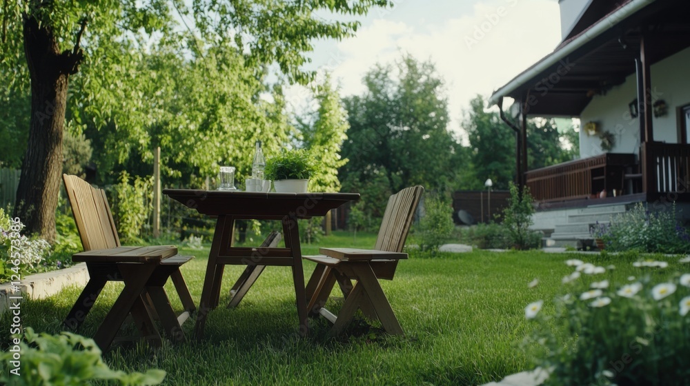 Tranquil Outdoor Setting with Wooden Table and Chairs in Garden Tranquil Outdoor Setting with Wooden Table and Chairs in Garden