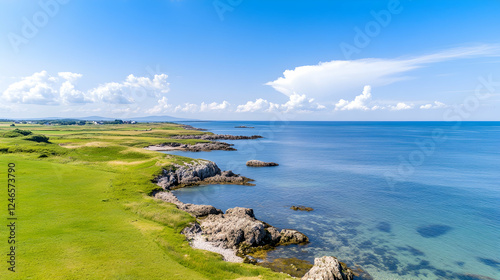 Coastal golf course view, sunny day, aerial shot. Potential use for travel brochures or nature photography photo