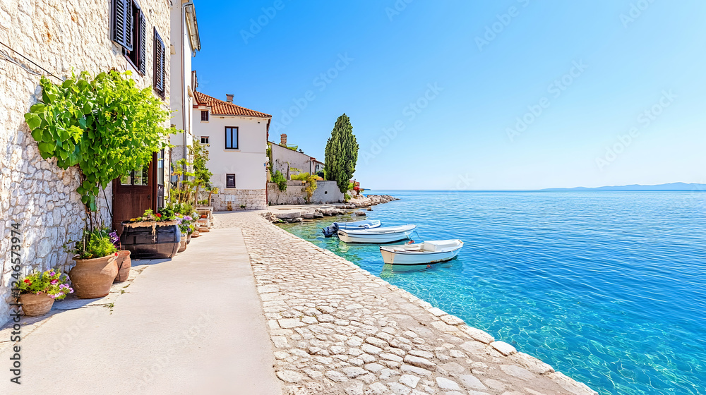 Fototapeta premium Coastal town walkway, boats, sunny day, travel destination