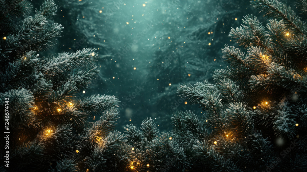 Seasonal backgrounds featuring snow-covered pine branches with twinkling lights Seasonal backgrounds featuring snow-covered pine branches with twinkling lights