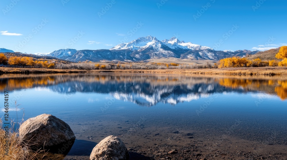 Fototapeta premium Mountain lake autumn reflection landscape, scenic view, postcard