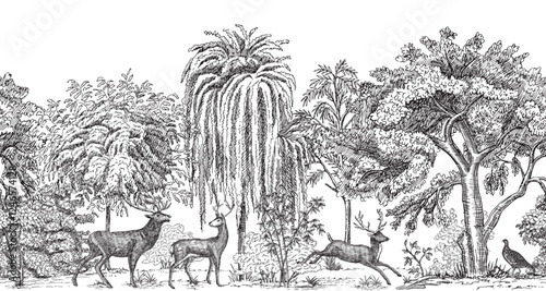 Toile forest with pheasant bird, deer animal, willow, oak tree mural. Classic landscape wallpaper.