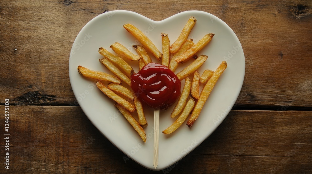 A creative presentation of French fries on a heart plate, with a touch of ketchup on an old stick A creative presentation of French fries on a heart plate, with a touch of ketchup on an old stick