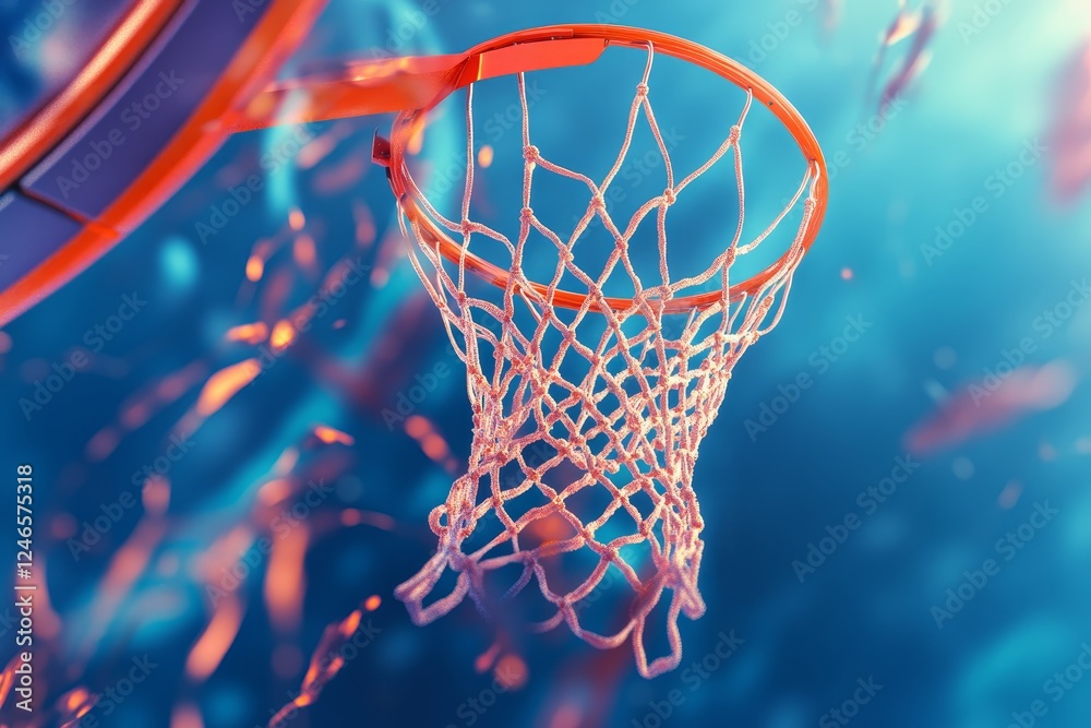Dynamic view of a basketball hoop and net with vibrant colors and atmosphere Dynamic view of a basketball hoop and net with vibrant colors and atmosphere