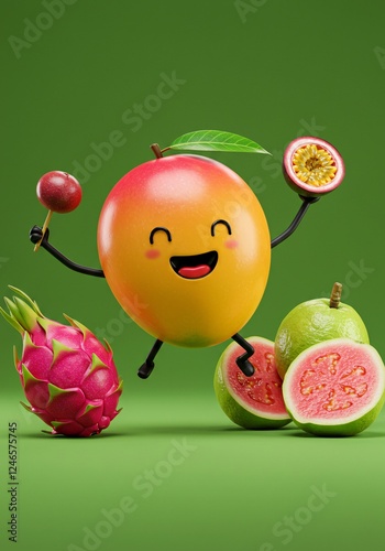 Happy Mango Cartoon Fruit Fun with Passion Fruit Guava Dragon Fruit