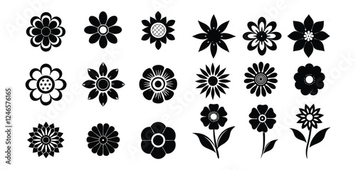 set of black silhouettes of flowers