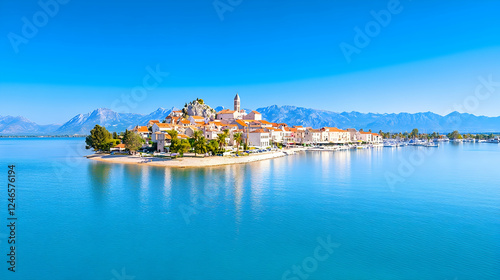 Croatian island town, tranquil morning, lake reflections, aerial view, travel destination photo