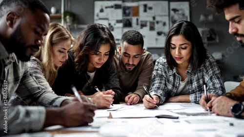 Collaboration and Creativity in Action: A Group of Individuals Engaged in a Productive Work Session with Papers and Ideas in a Modern Workspace