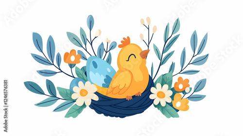 Cute bird in nest with eggs and flowers.  Possible use children's book illustration