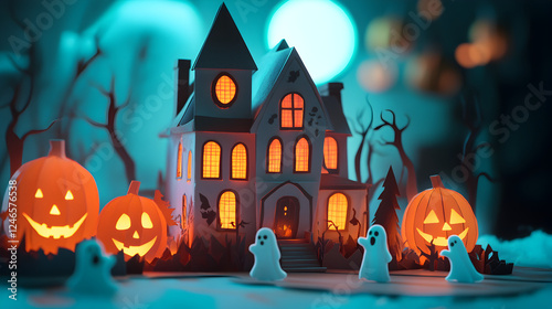 paper diorama featuring a haunted house, glowing jack-o'-lanterns, and tiny ghost figures 