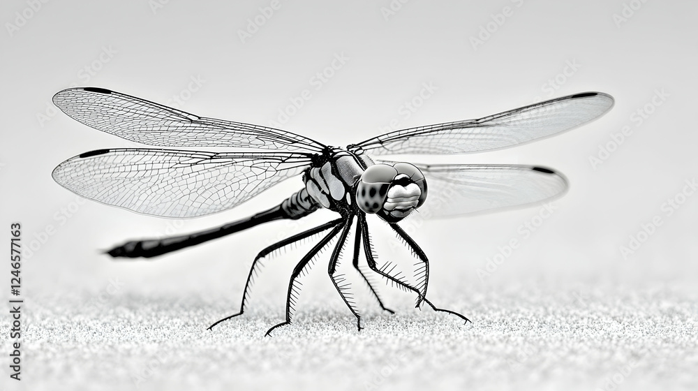 Detailed black and white dragonfly on light textured surface Detailed black and white dragonfly on light textured surface