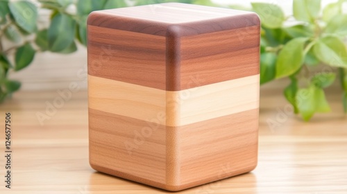 Wooden Cube Box on Table, Natural Wood Grain Pattern