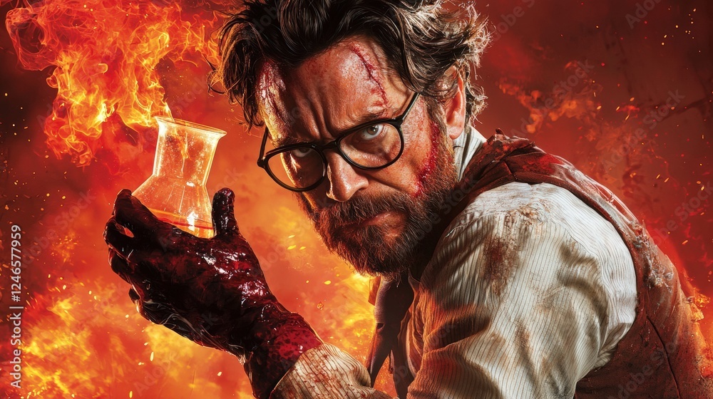 Obraz premium Deranged chemist holding a beaker in a fiery red background, showcasing an intense and explosive mood.