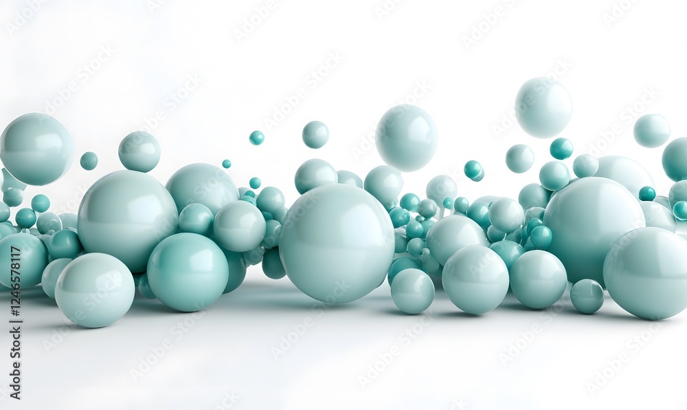Teal spheres floating, white background, abstract design, website banner Teal spheres floating, white background, abstract design, website banner