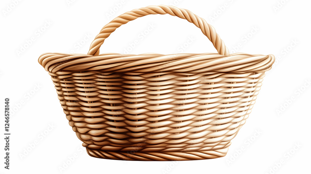 Fototapeta premium Empty light brown wicker basket isolated on white background for product display
