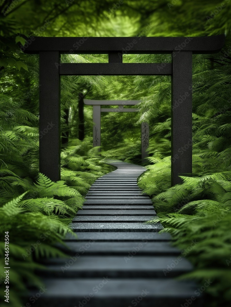 A mystical stone pathway winding through a lush green forest, framed by traditional Japanese torii gates, creating a serene and spiritual atmosphere A mystical stone pathway winding through a lush green forest, framed by traditional Japanese torii gates, creating a serene and spiritual atmosphere