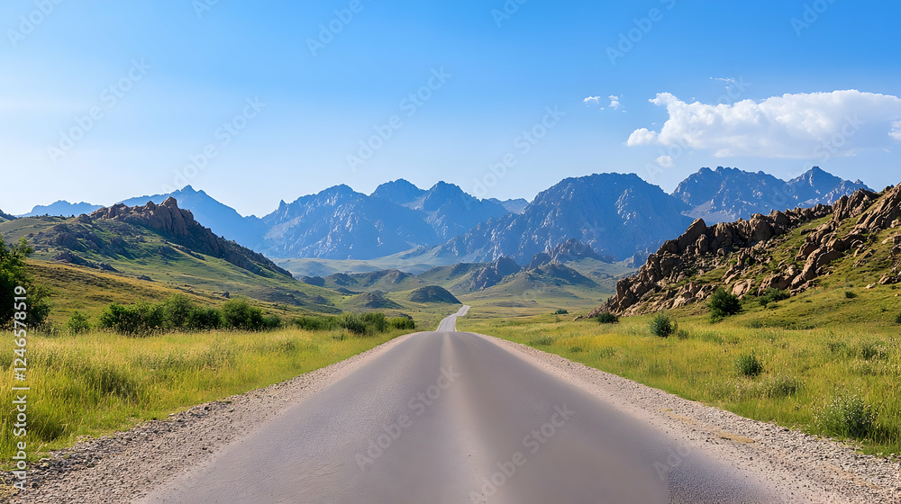 Naklejka premium Empty road through mountains under a clear sky. Possible use Travel brochure, nature background, poster