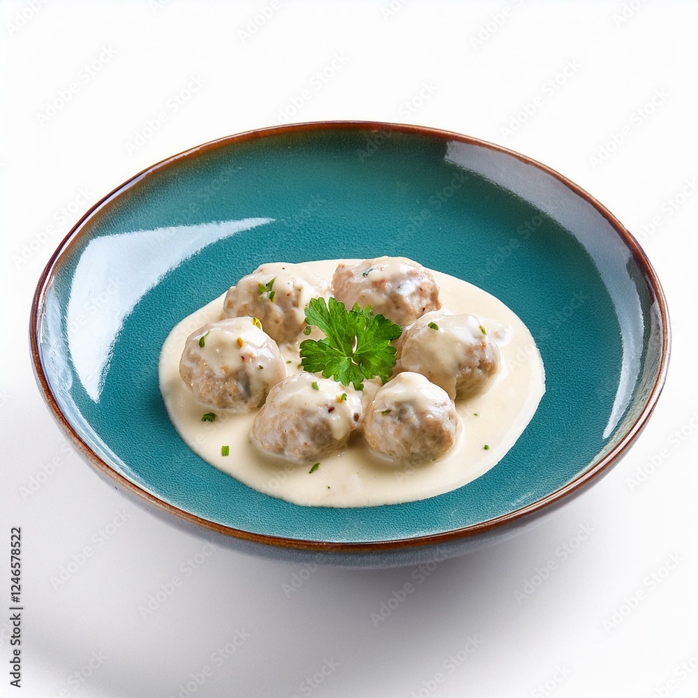 Delicious meatballs in cream sauce on white background Delicious meatballs in cream sauce on white background