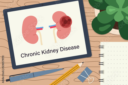 digital tablet displaying kidneys with CKD Chronic Kidney Disease; medical and educational content; awareness, diagnosis of CKD concept - vector illustration